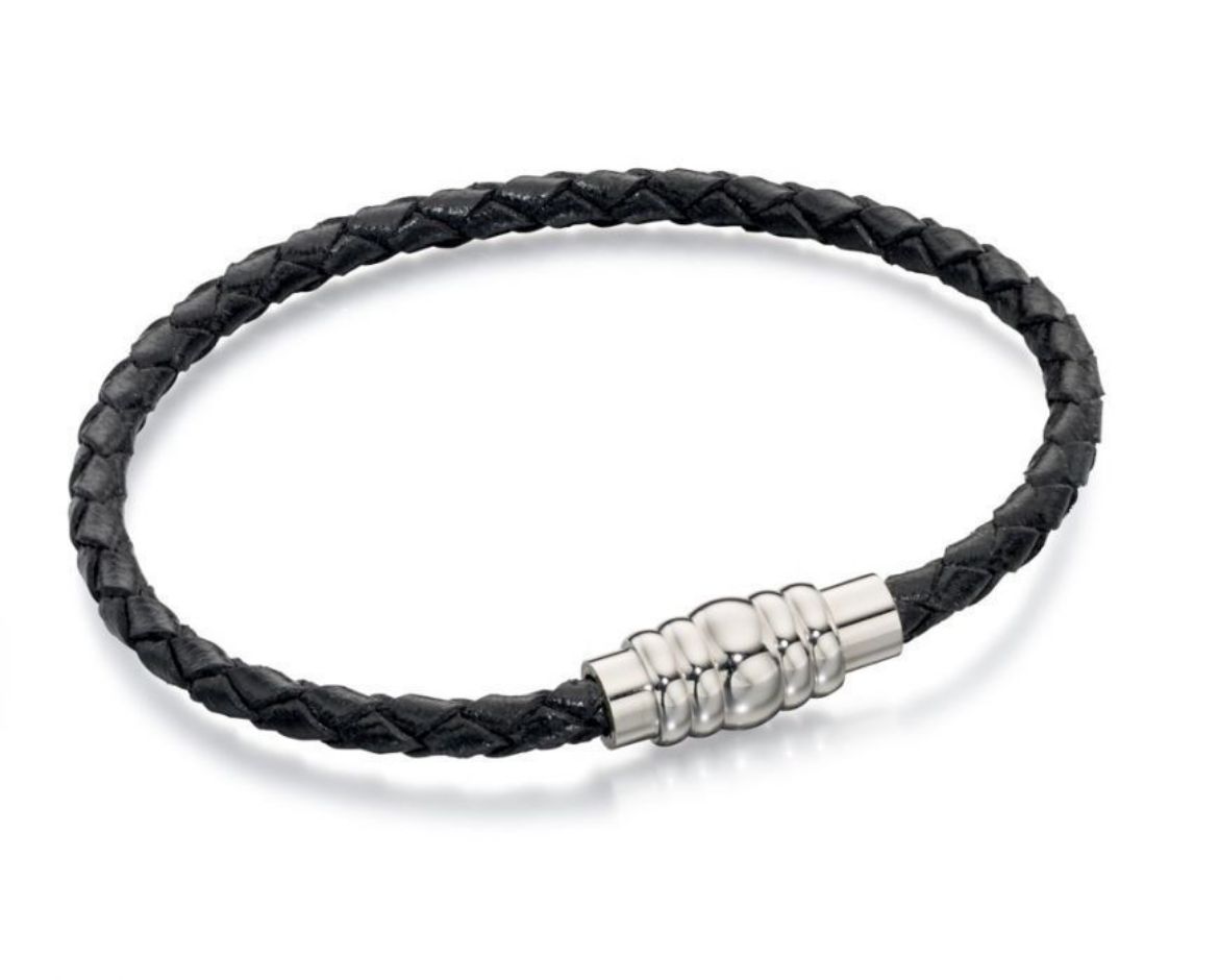 Picture of Skinny Stainless Steel Black Leather Bracelet With Magnetic Clasp 21cm
