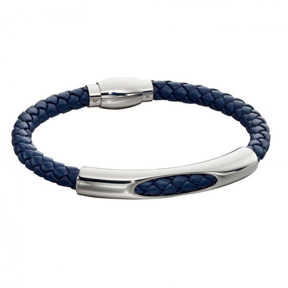 Picture of Woven Navy Blue Leather & Stainless Steel Magnetic Clasp Bracelet
