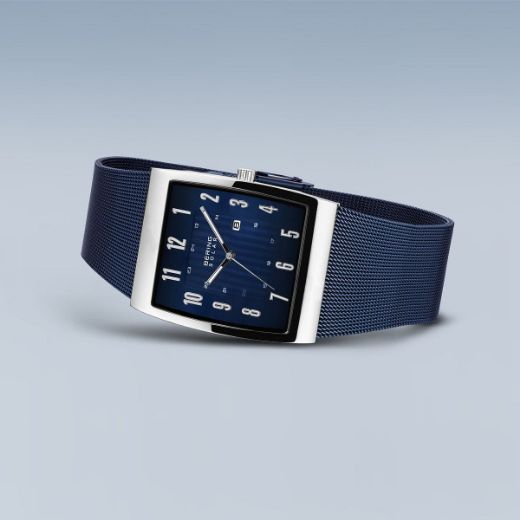 Picture of Solar Polished Silver Watch with Navy Mesh Strap