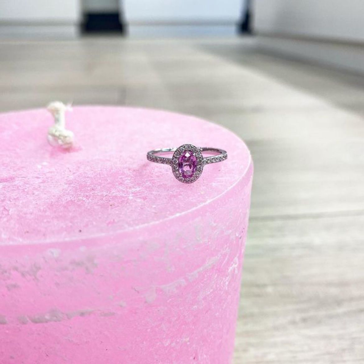 Picture of Platinum Pink Sapphire and Diamond Halo Ring