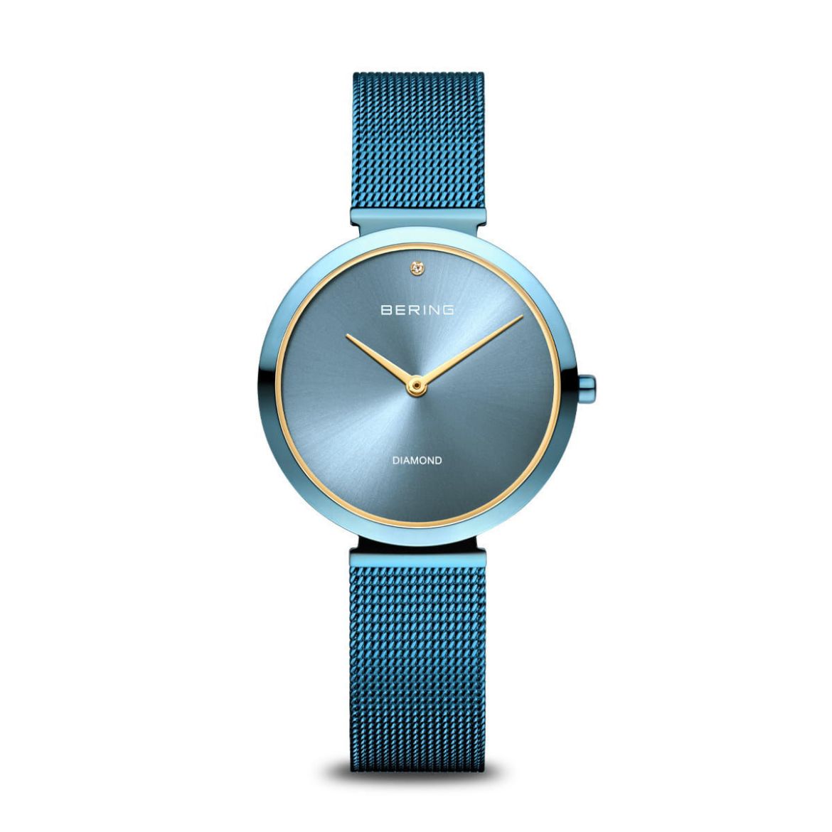 Picture of Ice Blue Ladies Watch with Yellow Gold Outline and Mesh Strap