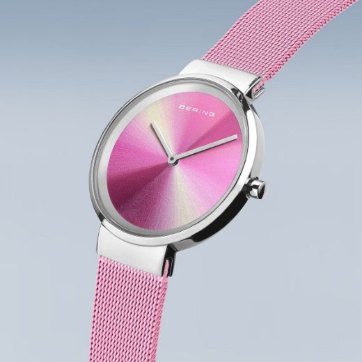 Picture of Matte Pink Ladies Watch with Mesh Strap and Pink Yellow Dial