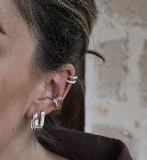 Picture of Illusion Double Huggie Stud Earrings Silver