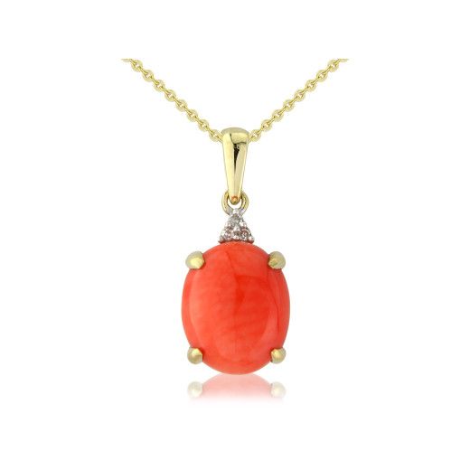 Picture of 9ct Yellow Gold Diamond & Oval Coral Pendant Necklace