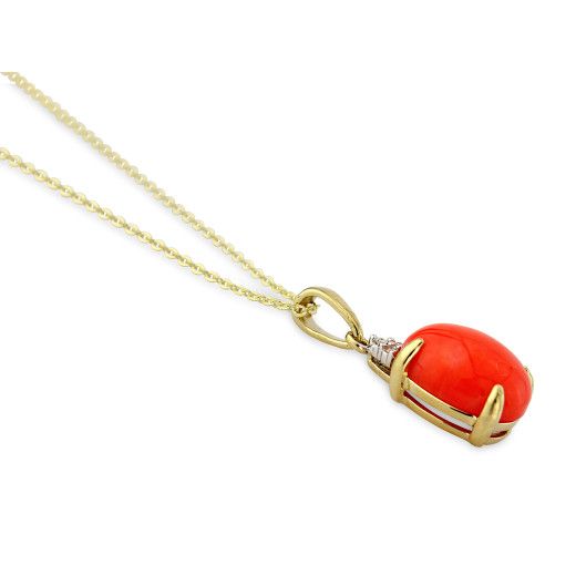 Picture of 9ct Yellow Gold Diamond & Oval Coral Pendant Necklace