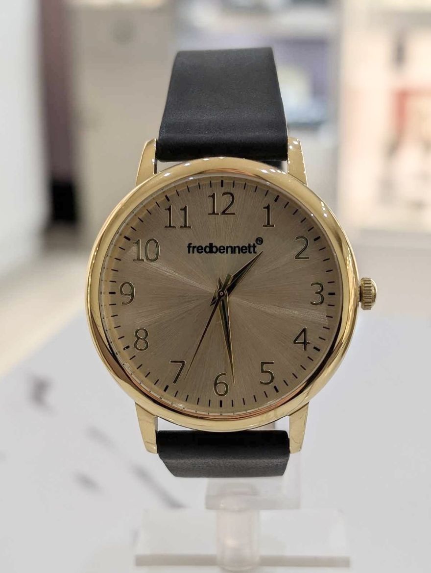 Picture of Gents Gold Plated Watch with Black Leather Strap